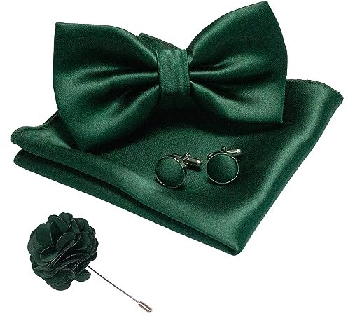 JEMYGINS Herren Fliege Satin Dunkelgrün (7) Fliege und Einstecktuch mit Manschettenknöpfe Brustblume Sets