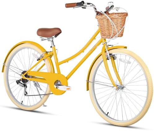 Glerc Missy 26 Zoll Mädchen Cruiser Jugend Teen Frau Fahrrad 6-Gang Teen Hybrid Fahrrad für Jugendliche im Alter von 14 15 16 17 18 19 20 Jahre alt mit Weidenkorb & Leichtgewicht,Gelb