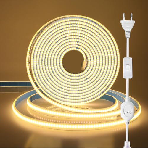 Wisada 220 V COB - Cinta LED con interruptor, 288 LEDs/m Tira LED luminosa COB, flexible IP65 impermeable para hogar, dormitorio, cocina, armario, armario