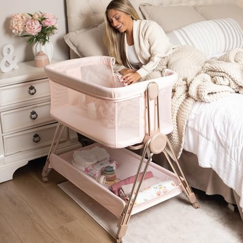 KOOLABABY Baby Nachttisch - Stubenwagen & Nachttisch Krippe mit Höhenverstellung & Rollen - Kann neben dem Bett platziert werden - Lässt sich am Elternbett befestigen - Einfach zu falten und zu tragen