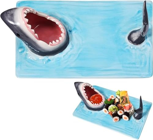 mefocou Shark Sushi Plate - Hand-Painted Ceramic Food Serving Tray with Soy Sauce Holder and Chopstick Rest -Microwave/Oven/Freezer/Dishwasher Safe - IdealGift for Sushi Enthusiasts!
