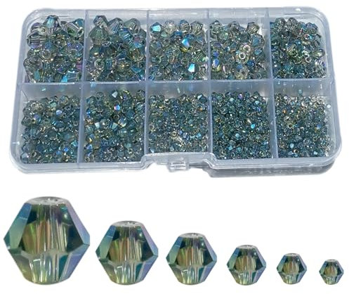 FAPUMOE Blue-Green Crystal Bicone Faceted Glass Beads (900 Pieces, 2/3/4/5/6/8mm) with AB Color Assorted Spacer Loose Beads for Crafts Jewelry Making