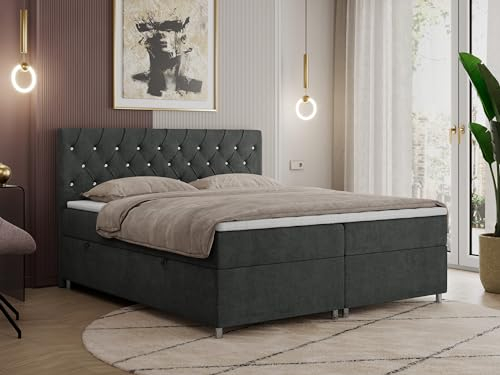 MKS MEBLE Boxspringbett 140x200 mit Bettkasten, Boxspringbett 140x200 mit Matratze, Doppelbett mit Matratze und Topper - Polsterbett mit Kopfteil - Stauraumbett - Roma 140x200 - H4 Grau Struktur