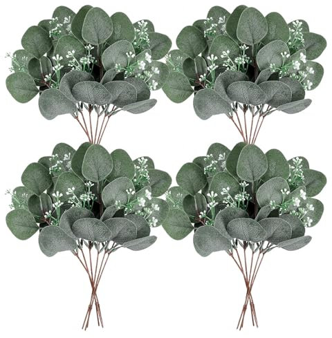 OSQI 24 Stück Kunstblumen Eukalyptus Deko, Eukalyptus künstlich Zweige Trockenblumen Deko,Kunstpflanzen Grün Gefälschte Pflanze für Hochzeit, Haus,Garten,Office,Büro Dekoration