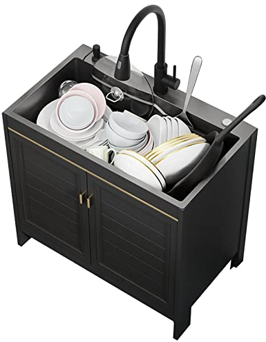 BGFYUSF Waschtischunterschrank mit Unterschrank, freistehende Handwaschstation aus schwarzem Edelstahl, Küchenspülbecken für Garage, Keller, Geschäft und Waschküche
