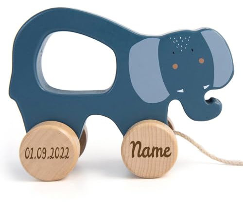 Trixie Nachziehtier Holz PERSONALISIERT mit Name und Datum graviert Motorikspielzeug Schiebetier Elefant