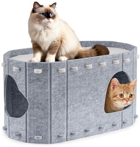 Katzenhaus Indoor, Katzenhöhle Filz, Abnehmbares katzenbett, Katzenzelt Katzencouch für Große und Mehrfache Hauskatzen bis zu 10 kg, 58 x 30 x 33cm, Peek-a-Boo zum Spielen