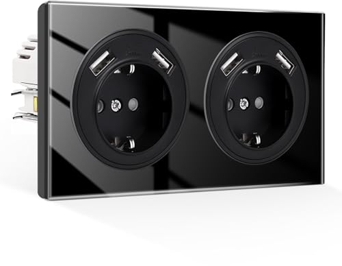 CNBINGO Doppelsteckdose Unterputz mit Krallen - Glas Schuko Steckdose mit USB-A (Max 2.1Amp total) - 16 Amp Wandsteckdose - Schwarz