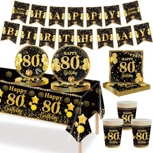 MORAINJAY 80. Schwarzes Gold Partygeschirr Geburtstag 70 Teiliges Set. Pappteller, Pappbecher, Servietten, Papierbanner, 80 Jahre Party für Herren und Damen Geburtstag Tischdeko