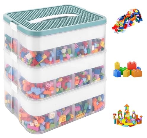 JMIATRY Aufbewahrungsboxen mit Deckel 30.5x23x32.5 cm, 3 Stufen Boxen Aufbewahrung Transparent Sortierbox Stapelboxen, Ordnungsboxen für Bausteine und Puzzle