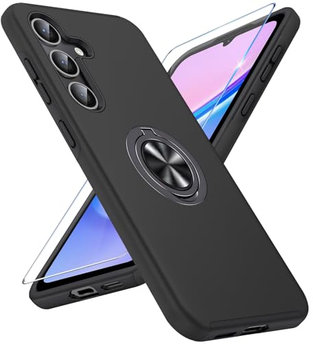 Vaki Handyhülle für Samsung Galaxy A15 5G Hülle mit Schutzfolie, Schutzhülle Case mit 360° Magnetischer Ring Ständer Kratzfest Fallfestigkeit Stoßfest für Samsung A15 Cover (Schwarz)