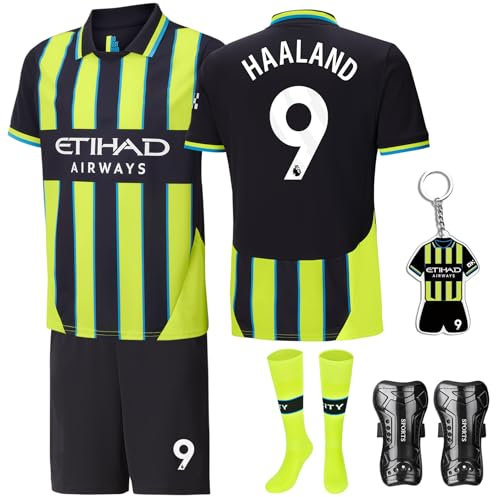 Jouedo Fußballtrikot für Kinder Saison 24/25, Nr.9 Fußball Trikot Herren Fussball, Fußballtrikot Set Kinder T-Shirt und Shorts Jersey Fußballtrikot mit Socken für Kinder und Knieschützer im Set