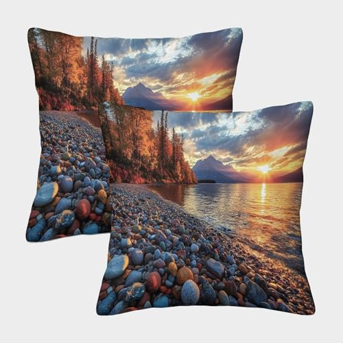 WENNUAN 2er-Pack 50x50cm Outdoor-Kissen,dekoratives Kissen,Kieselsteine Kissenbezug,Abendglühen-Muster-Kissenbezug,geeignet Für Sofa,Innenhof,Wohnzimmer