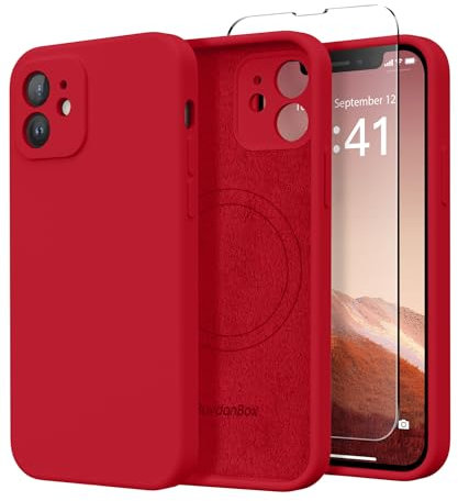SuydanBox Magnetic for iPhone 12 Case, Compatible with MagSafe, [Full Camera Protection][Screen Protector] Silicone Shockproof Protective Phone Case for iPhone 12 6.1, Red