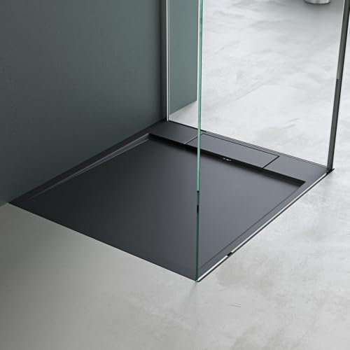 Mai & Mai Bac à Douche Receveur de Douche Gris-Noir en Résine Marbre Artificielle 80x90x4cm Géo4 et Bonde Compris