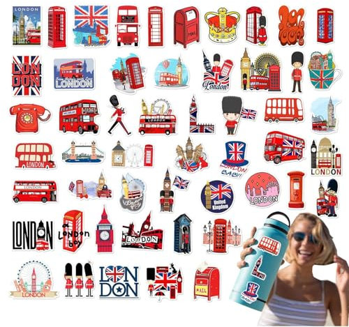 British London Stickers, 50pcs Waterproof Union Jack Stickers, London Aesthetic Stickers, Skateboard Phone Bike Suitcase Guitar for Hydro Flaskk, Water Bottles, Laptop, Computer, Car