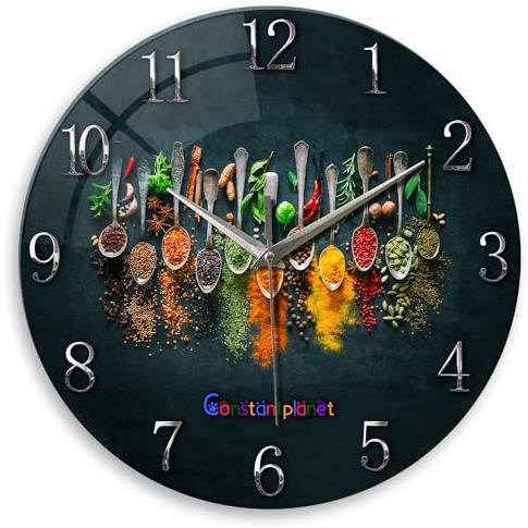 Constantplanet 14 Inch Glass Black Wall Clock Battery Operated | Large Modern Decorative Silent Non-Ticking Wall Clock for Living Room Bedroom Kitchen Dining Room Decor