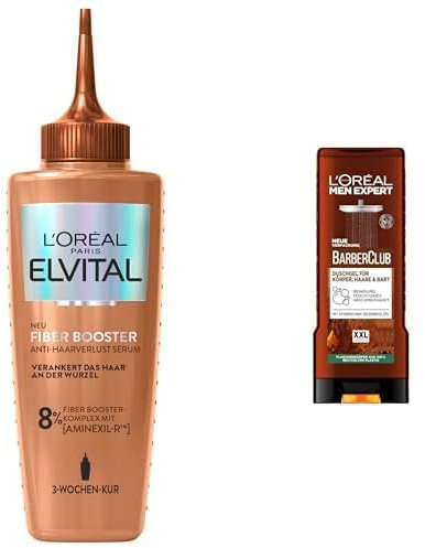 L'Oréal Paris Männer-Pflegeset: Elvital Fiber Booster Kopfhaut-Serum & Men Expert Barber Club Duschgel,Gegen Haarverlust, stärkt Haar & reinigt Körper, Gesicht und Bart,2-teilig
