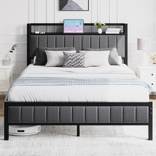 BORPHOM Double Bed Frame with Wooden Storage Headboard Shelf,4ft6 Upholstered Metal Platform Bed Frame Double Bed No Box Spring Needed,Strong Slat Support,Noise Free,Grey Bed 135x190cm