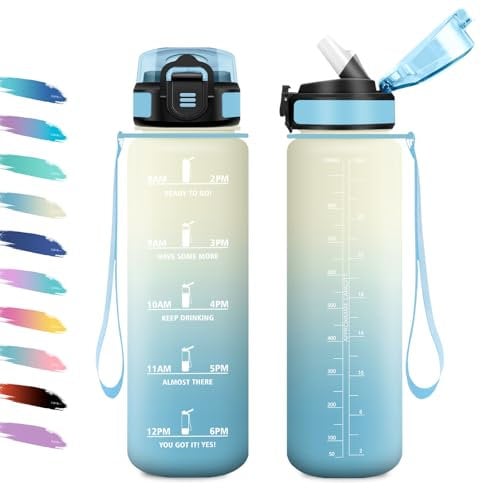 Gourde 1L, Gourde avec Sport Paille, Anti-Fuite, & Réutilisable, Bouteille d'eau Motivante avec Marquages de Temps, Facile à Nettoyer, Gourde Graduée pour Voyage, Randonnée, Cyclisme, Fitness