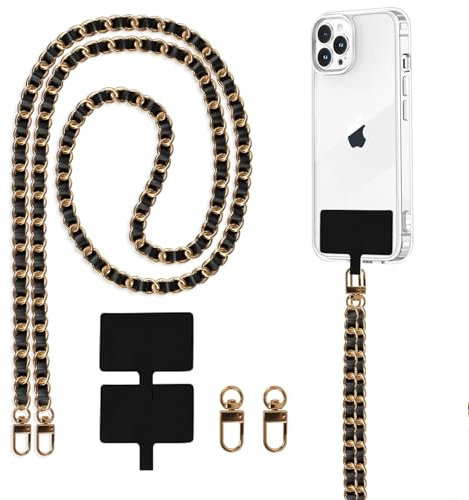 Knrlqim Handyband Universal, Handy Lanyard Chain Abnehmbare Handyband zum Umhängen, Kordel Kette für iPhone & meiste Smartphones mit 2 Stück Universelles Patch(ohne Hülle), Schwarz Gold