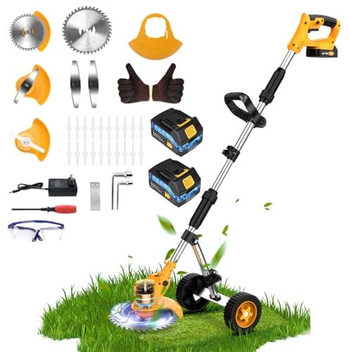 Coupe Bordure 21V avec Batterie et Chargeur, Tondeuse à Gazon sans Fil avec Lame Bâton Télescopique Débroussailleuse Électrique Batterie Tondeuse à Gazon Motofaucheuse avec Batterie 2x2000mAh
