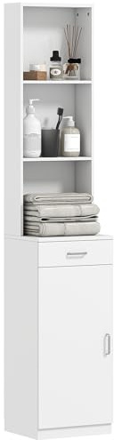 HOMCOM Badezimmerschrank Schmal mit Schublade 35 x 30,5 x 179 cm Weiß