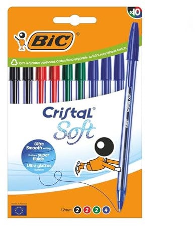 BIC Cristal - Bolígrafos suaves de plástico de punta media de 1,2 mm, tinta de larga duración, sin manchas, agarre suave, bolígrafo de escritura para escuela, oficina, hogar, suministros de papelería