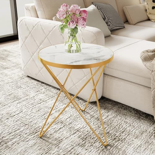 HOLTICO Beistelltisch rund Couch, Sofatisch für Wohnzimmer, Weiß Gold | Modern Runder Couchtisch, Wohnzimmertisch, Kleiner Tisch mit Marmormuster