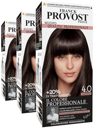 Franck Provost Tinta Permanente Riutilizzabile per Capelli con Trattamento di Bellezza Colorazione Professionale Copertura Ottimale Lunga Durata Colore 4.0 Castano - 3 Tinte
