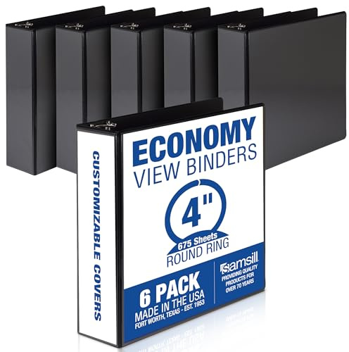 Samsill 4 Inch 3 Ring Binders, Made in USA, Economy Round Ring, Clear View Cover, 675 Sheet Capacity - for School, Home, Office - Black, 6 Pack