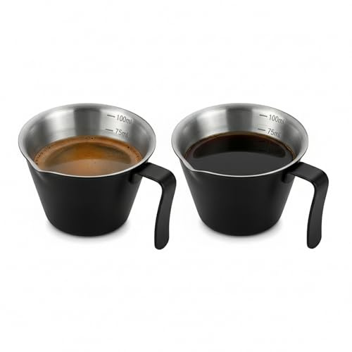 304 Stainless Steel Espresso Measuring Cup 2 Pack, 100ML Shot Cups with Engraved Scale & Handle, V-Shaped Mouth Pouring Cup for Coffee, Milk Frothing Pitcher for Barista