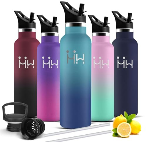 Trinkflasche Edelstahl, Trinkflasche 1l, BPA-Frei, Wasserflasche mit Strohhalm, Auslaufsicher, Isolierflasche Doppelwandig, Wasserflasche für Klettern, Fitness, Wandern, Picknick