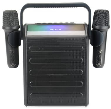 PRIXTON Karaoke Portátil Party Star con 2 Micrófonos Inalámbricos, Bluetooth, Luz LED, USB, Micro SD, AUX y Jack, Batería Recargable, 30 W, Autonomía 7-8 h