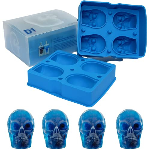 D1 Skull Ice Cube Moulds | Halloween Silicone Moulds - 4 Pack Blue - Large 3D | Perfect Halloween Drink Accessories | Silicone Skull Moulds as Halloween Gifts for Women & Men