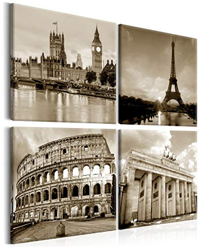 decomonkey Bilder Stadt 20x20 cm 4 Teilig-jedes Teil Leinwandbilder Bild auf Leinwand Vlies Wandbild Kunstdruck Wanddeko Wand Wohnzimmer Wanddekoration Deko Eiffelturm Sepia Rome Brücke Modern