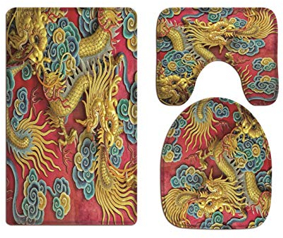 A.Monamour Badezimmer Badematte 3 Teilig Set Alter Asiatischer Chinesischer Goldener Drache Fengshui Glücklicher Totemhintergrund Flanell Saugfähig Badteppiche Badvorleger Badgarnitur WC Vorleger