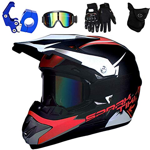 PKFG® Motorrad Enduro Helm Kinder Rot, Motocross Helm mit Brille Maske Handschuhe und Helmhaken, Mountainbike Downhill Helm mit Abnehmbar Visier, Crosshelm Mädchen/Damen für MTB, L (56~57CM)