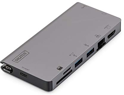 Digitus USB-C Multiport Travel Dock, 8 Port, gray 2x video, 2x USB-C, 2x USB3.0, RJ45,2x card reader