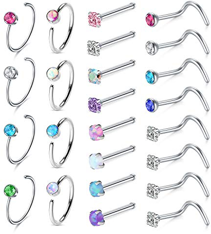 Rajnard Nasenpiercing CZ & Opaline Nasenringe 24pcs Chirurgenstahl Nasenring und Nasenstecker L-förmigen Body Piercing Schmuck für Männer Frauen