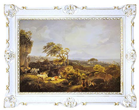Idea Casa Druck auf Papier Bild Landschaft Napoli Vesuvio mit Rahmen im Barockstil 86 x 67 cm (weiß/gold)