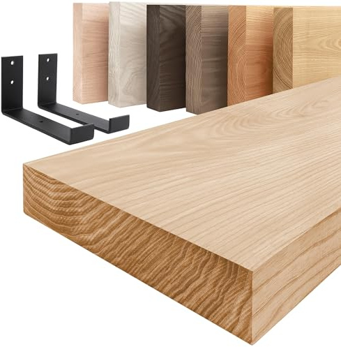 LAMO Manufaktur Holzregal mit schwarzen J-förmigen Halterungen | Wand Regal 80 cm breit für Wohnzimmer, Küche, Büro im Industrial-Stil | Farbe: Natur, Kante: gerade | Massivholz, Vintage-Charakter