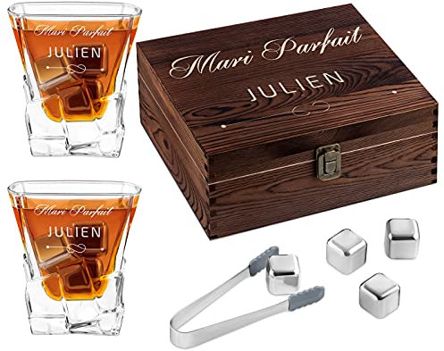 Maverton 8 Pierres à Refroidissement & 2 Verres gravés - Verres à Whisky 250 ML dans la boîte Personnalisée en Bois - Cadeau pour Whiskey connoisseurs - Mari Parfait