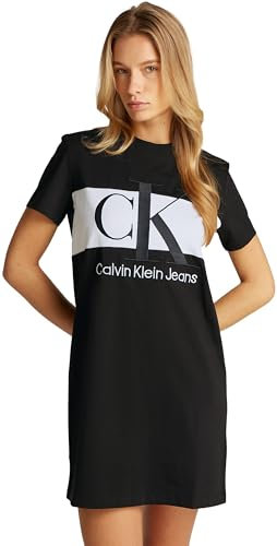 Calvin Klein Donna Abito a T-Shirt Maniche Corte Blocking Corto, Nero (CK Black), S