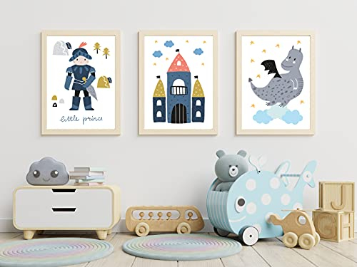 Babyzimmer Poster Set Prinz 3er Set DIN A4 Poster für Kinder und Babyzimmer, Wandposter, Kleiner Prinz, Schloß, Drache, Jungen, Mädchen