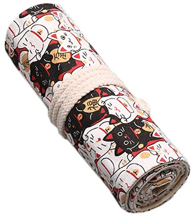 Anawakia Wrap Leinwand Stifterolle Bleistift Wrap Tragbar Stifterolle Bleistifthalter Reise Stiftehalter Buntstifte Federmäppchen Roll-up Mäppchen Tasche Organizer (Glückliche Katze,72 Slots)