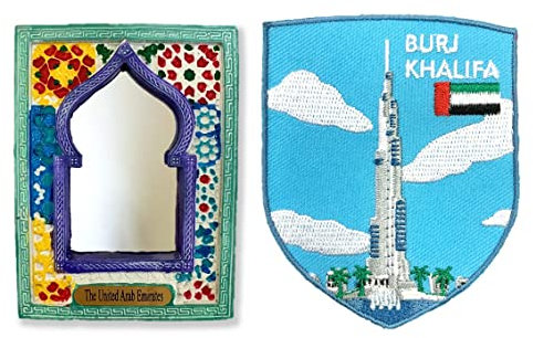 A-ONE Arabesque Pattern Tile UAE 3D Memo Magnet for Fridge 1PC + Dubai Burj Khalifa City Embroidered Patch 1PC, Landmark Fridge Magnet, Combat Patch for Clothes Dresses Tourist Souvenir C177+255