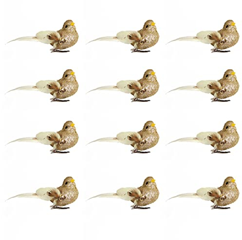 ZHDOKA 12Pcs Glitter Christmas Cardinal Birds with Clips, Artificial Foam Birds with Long Tail Feather, Clip On Bird Xmas Tree Ornaments (Gold)