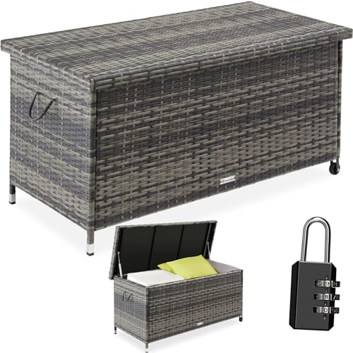 TecTake® Garden Storage Box, Lockable, UV-Resistant Poly Rattan Weave, Powder-Coated Steel Frame, Gas Pressure Springs, Removable Inner Pocket, Plastic Caps, Easy Assembly, Waterproof, 270L - grey