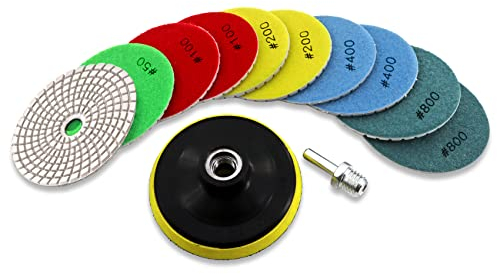 KURSTOL Dry Diamond Polishing Pads Set - 7pcs 100mm Countertop Polishing Pads +1pc Backer Pad of Plastic Body+1pc Adapter M14 Thread to Round Shank for Granite Quartz Stone Marble